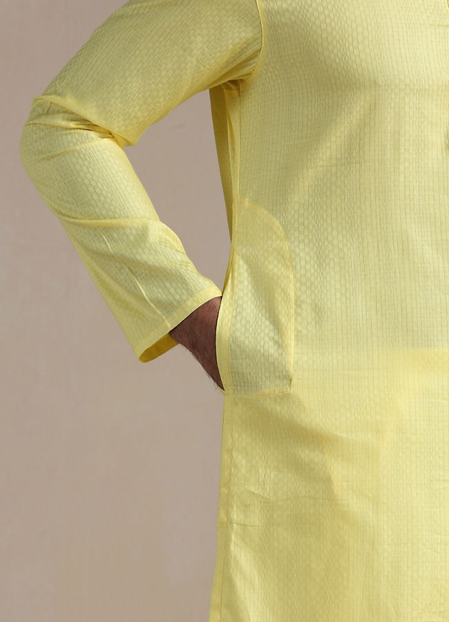 alt message - Manyavar Men Crayola Yellow Self Patterned Kurta Set image number 2